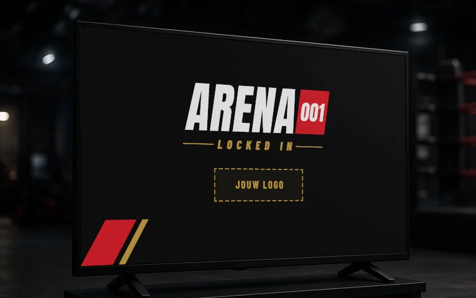 Voorbeeld scherm in de zaal met plek voor jouw logo