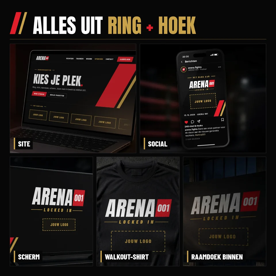 Collage van alles uit Ring en Hoek: site, social, scherm, walkout-shirt en raamdoek binnen met plek voor jouw logo