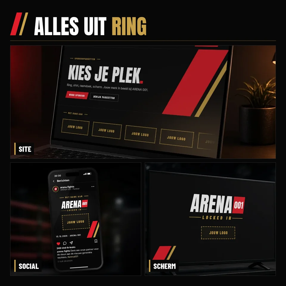 Collage van alles uit Ring: site, social en scherm met plek voor jouw logo
