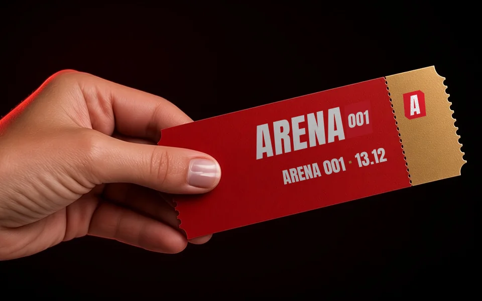 Foto van een hand met 1 ARENA 001-ticket