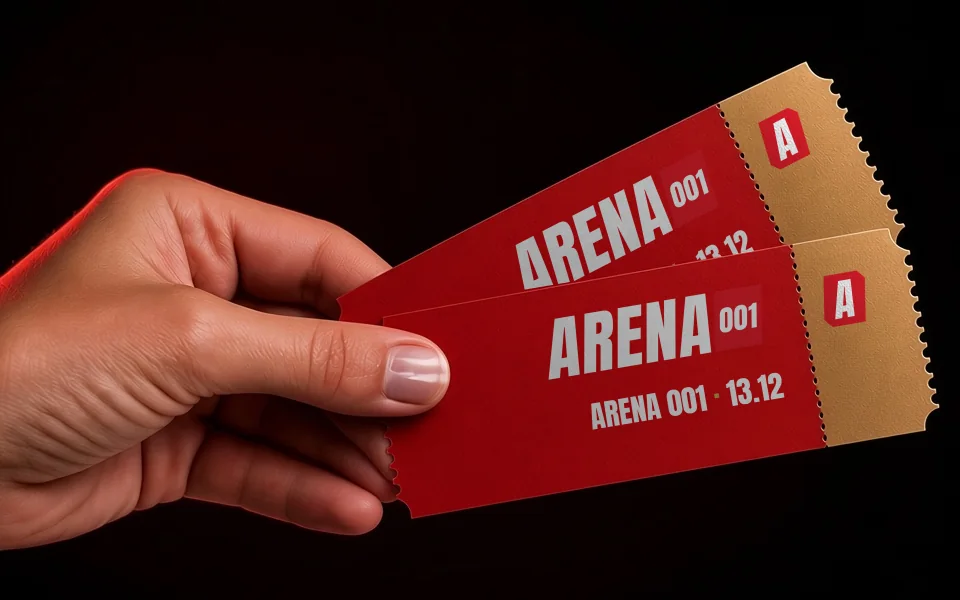 Foto van een hand met 2 ARENA 001-tickets