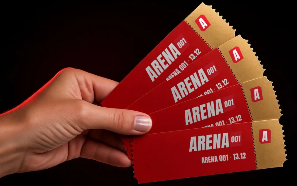 Foto van een hand met 4 ARENA 001-tickets