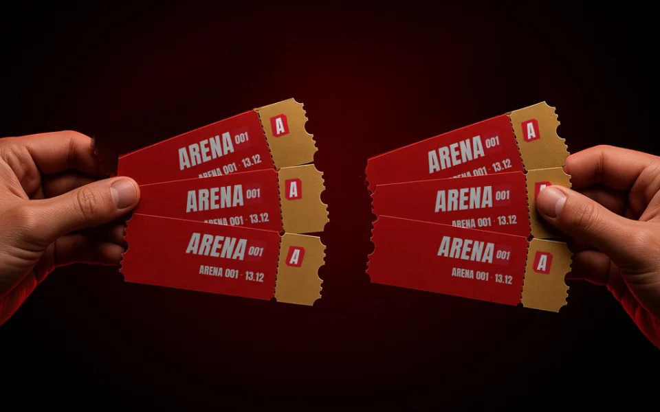 Foto van twee handen met samen 6 ARENA 001-tickets
