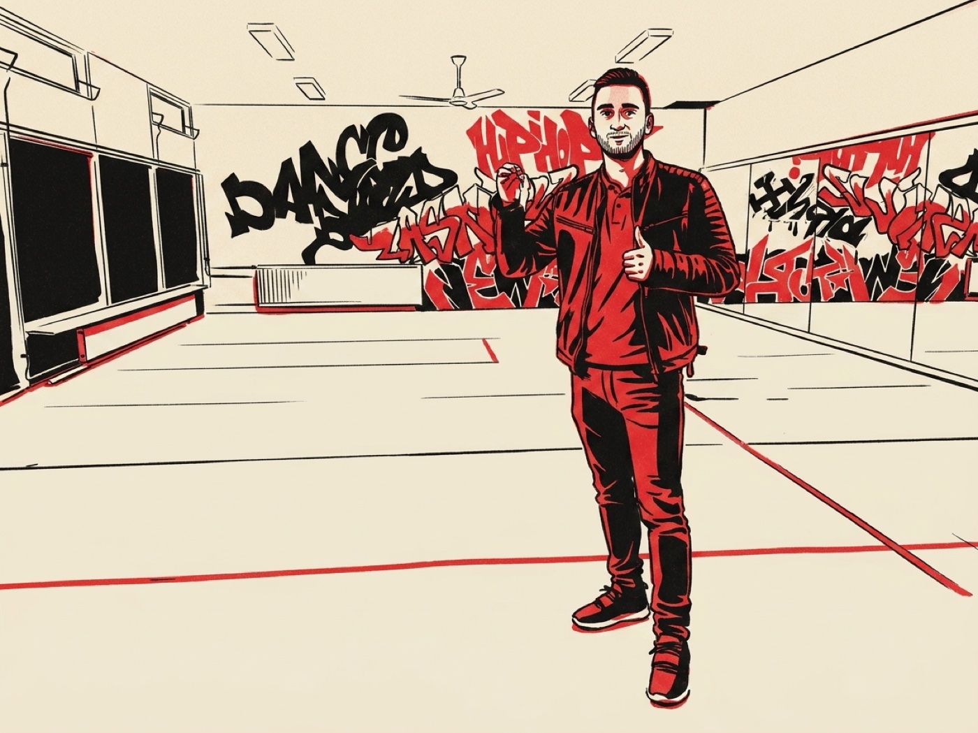 Illustratie van Elnur in de lege danszaal aan de Arthur van Schendellaan, voor de verbouwing in 2016