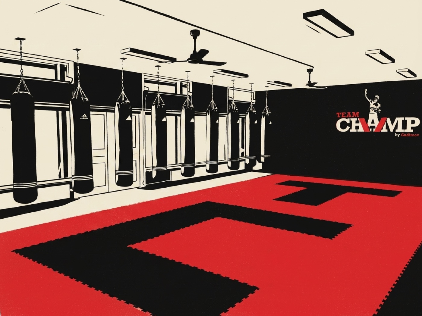Illustratie van de eerste zaal van Team Champ in 2016, klaar voor de eerste les