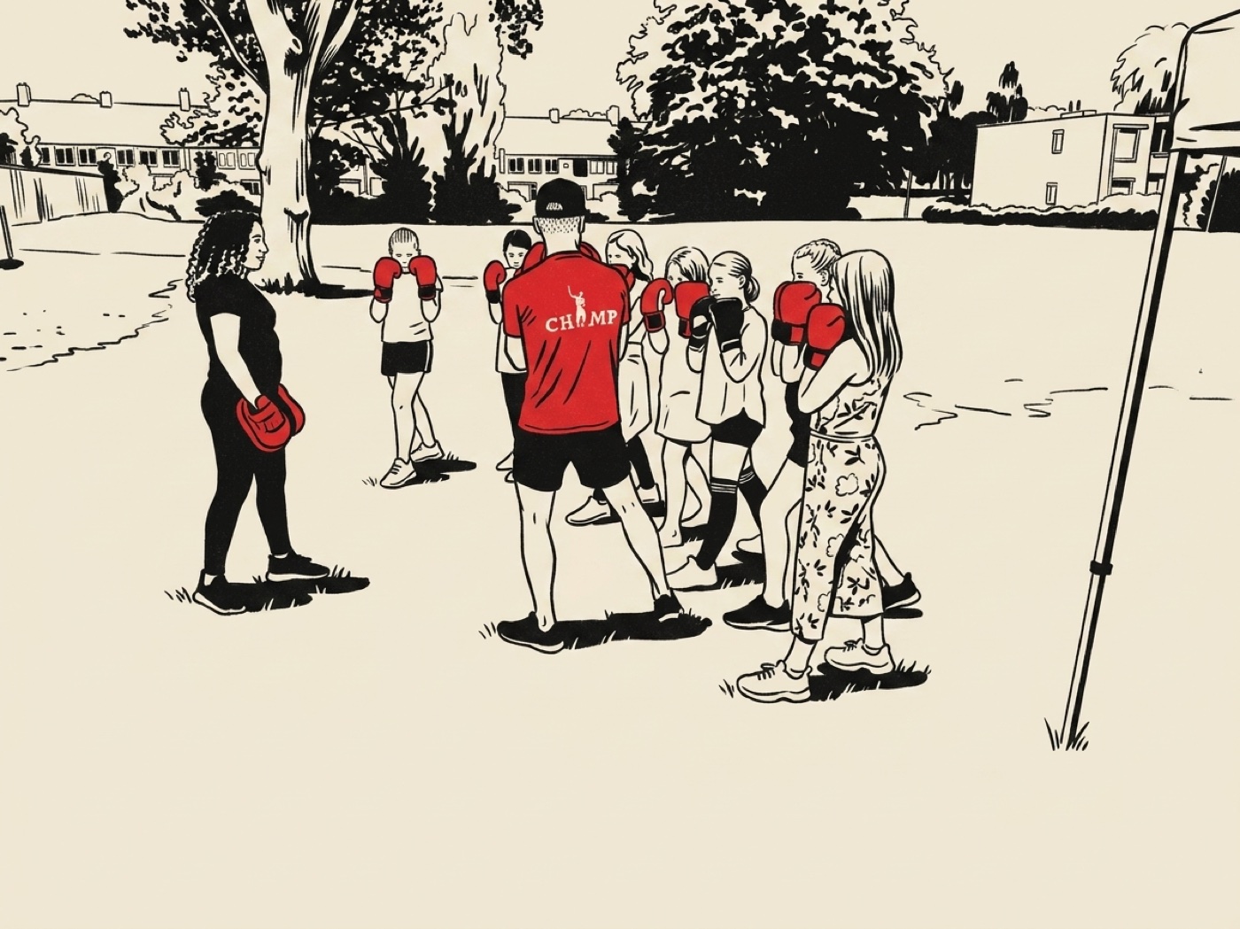 Illustratie van een buitentraining in het park tijdens corona, met een coach in rood Champ-shirt