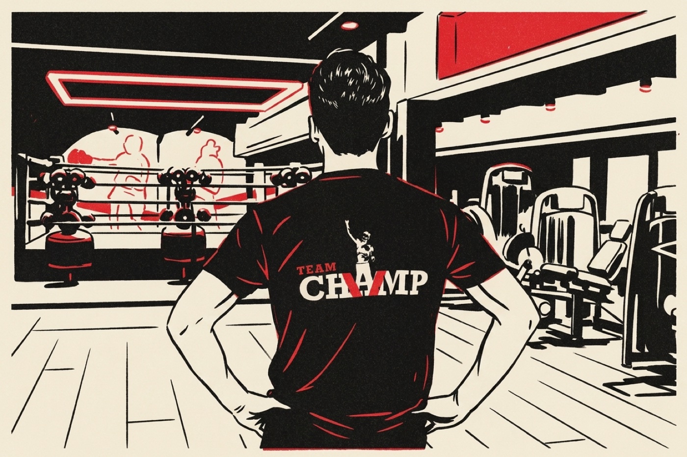 Illustratie van een lid in Team Champ shirt dat uitkijkt over de ring in de gym