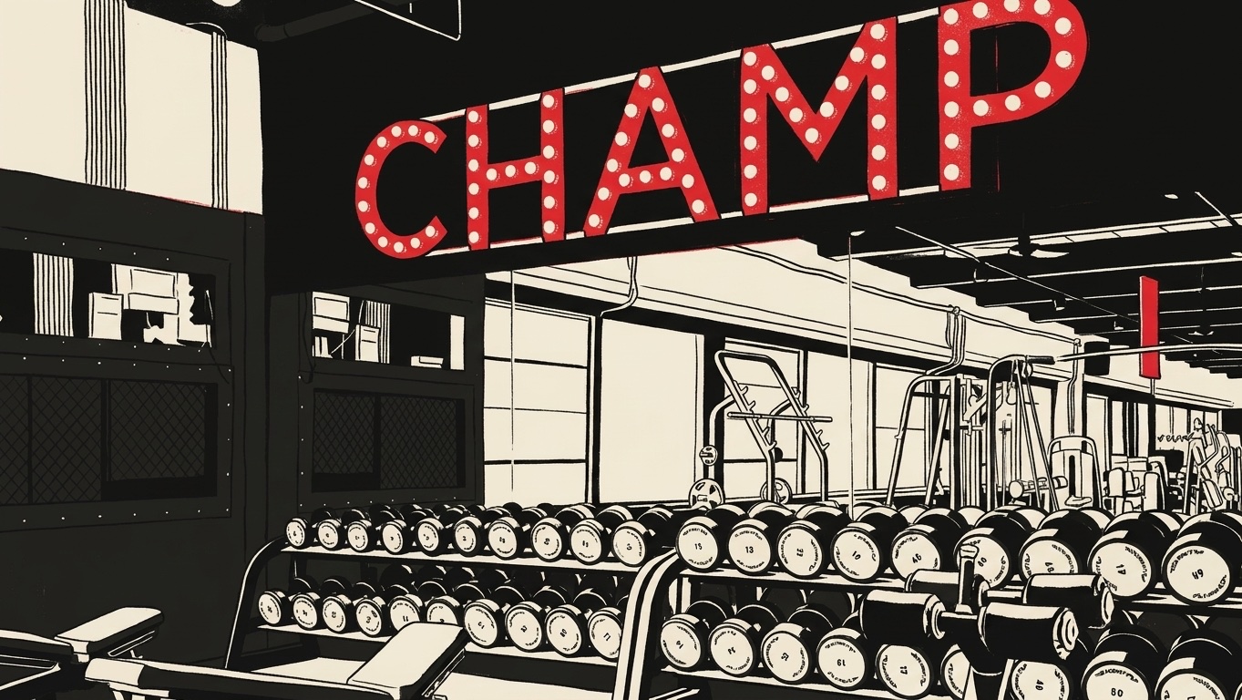 Screenprint illustratie van de fitnesszaal van Team Champ met het verlichte CHAMP letterbord