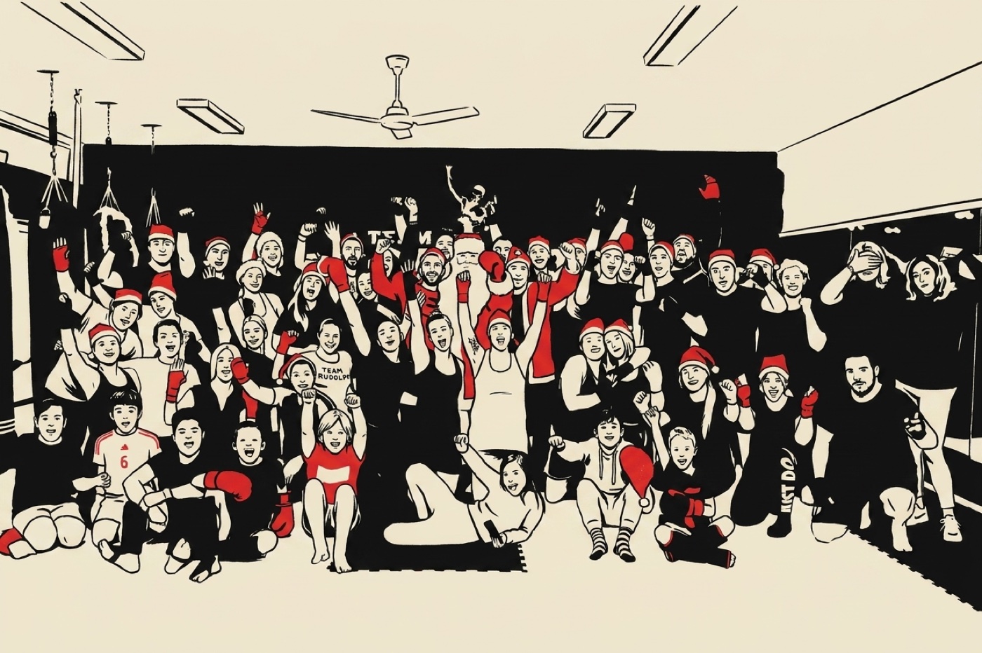 Illustratie van de volle zaal met leden tijdens de kersttraining van 2018 bij Team Champ